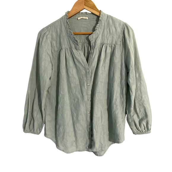 Lovestitch button down top women’s size M mint green cotton ruffle peasant boho - Picture 1 of 4
